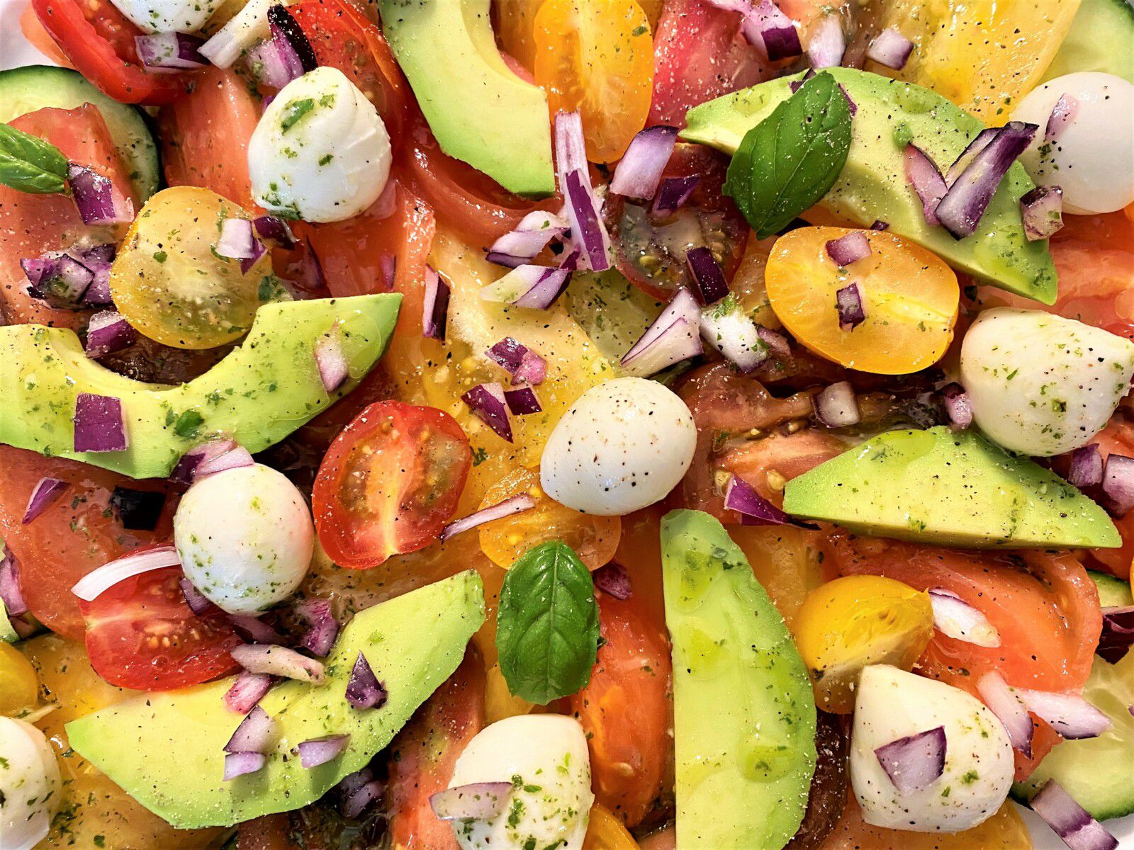 Salade composée de tomates, concombre, avocat et mozzarella