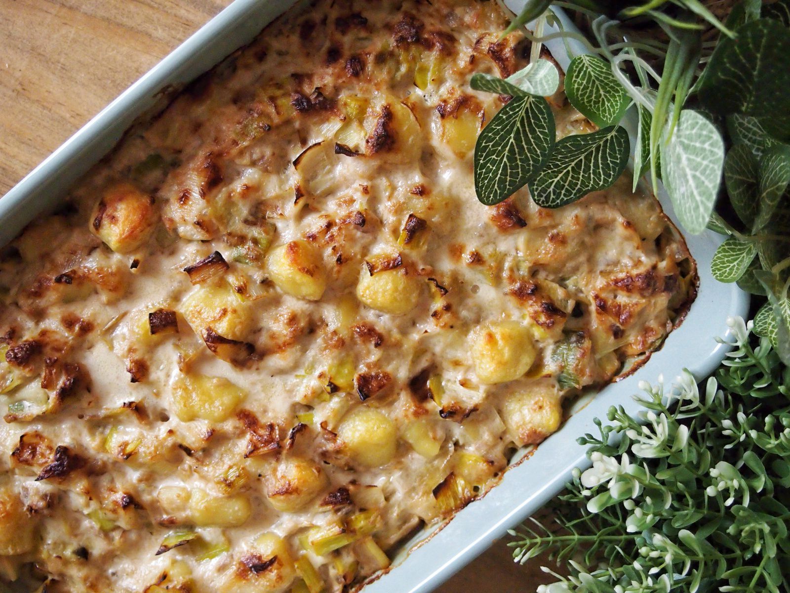 Gratin de gnocchis, poireau, thon et gorgonzola