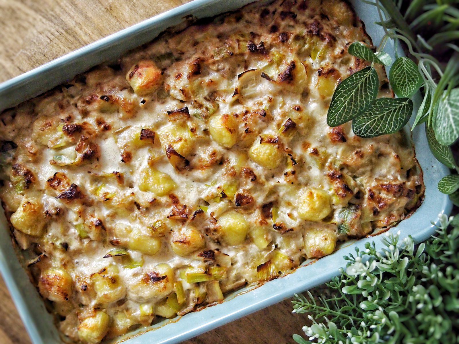 Gratin de gnocchis, poireau, thon et gorgonzola